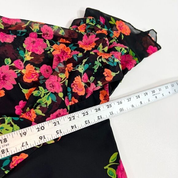 Express Long Sleeve Blouse Womens Large Black Floral Ruffle Sleeve Keyhole Front - Picture 6 of 10